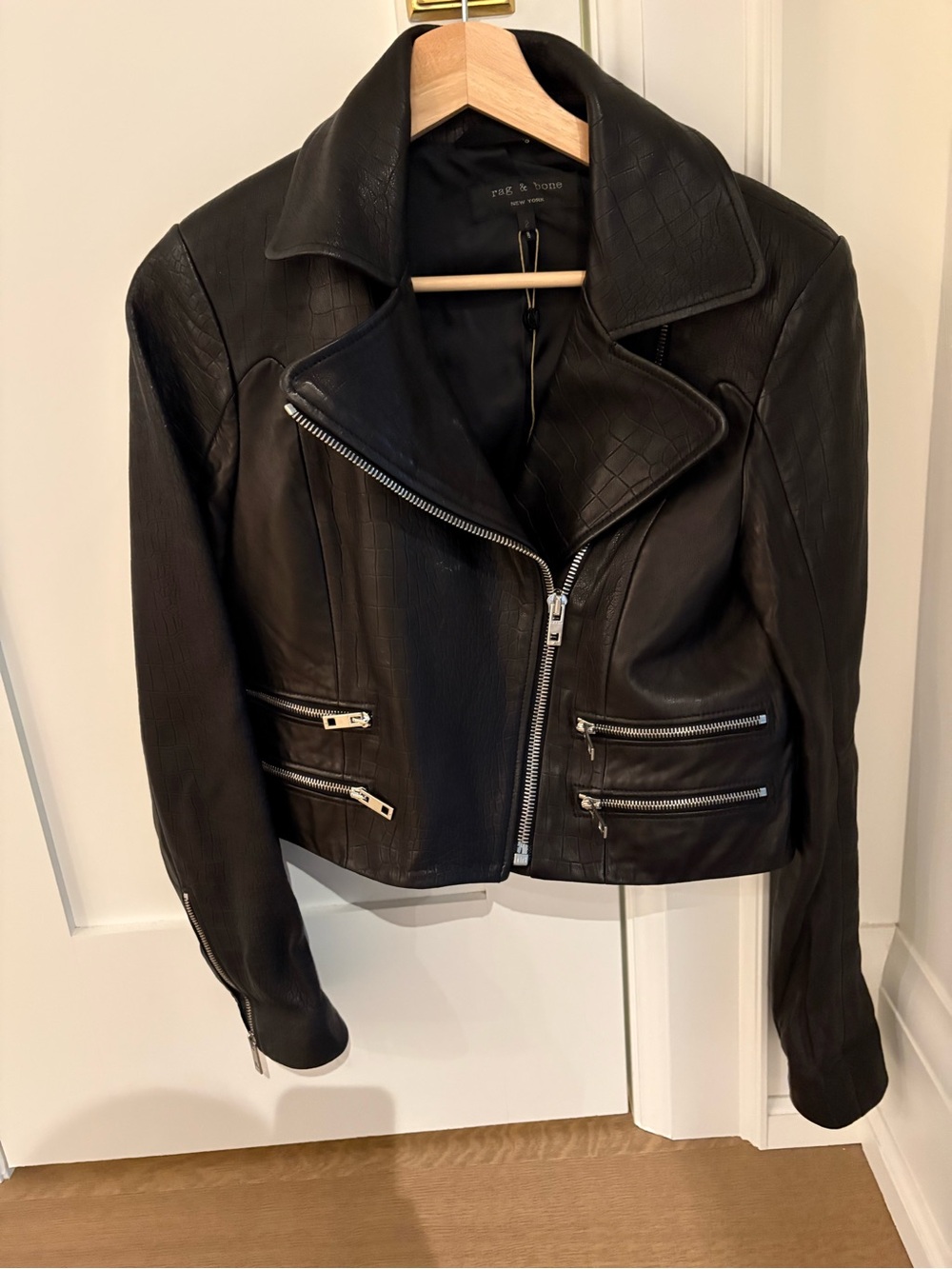 rag & bone Black Croc-Embossed Leather Moto Jacket